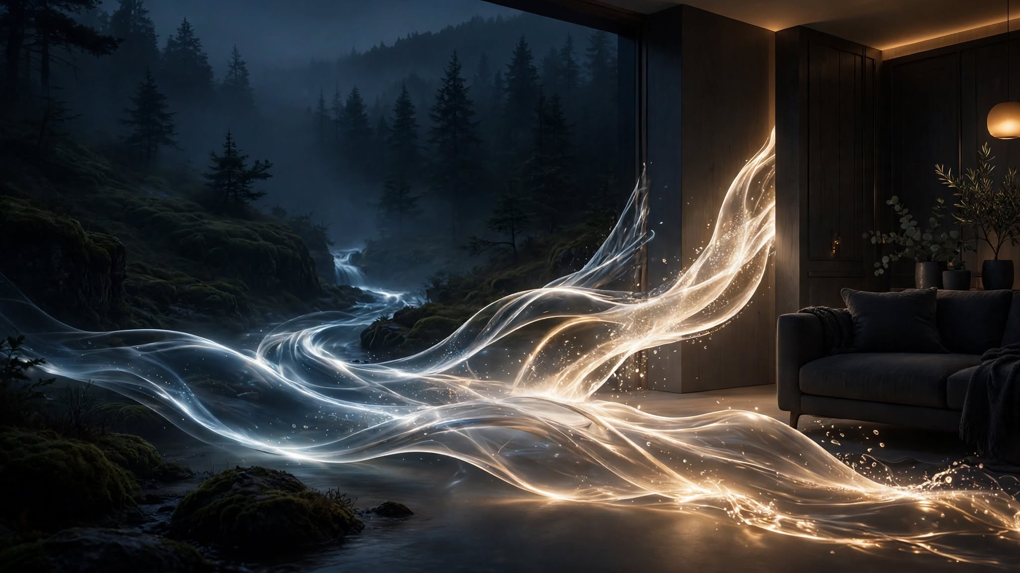 Luminous water-like energy flowing from a cool natural landscape into a warm contemporary home